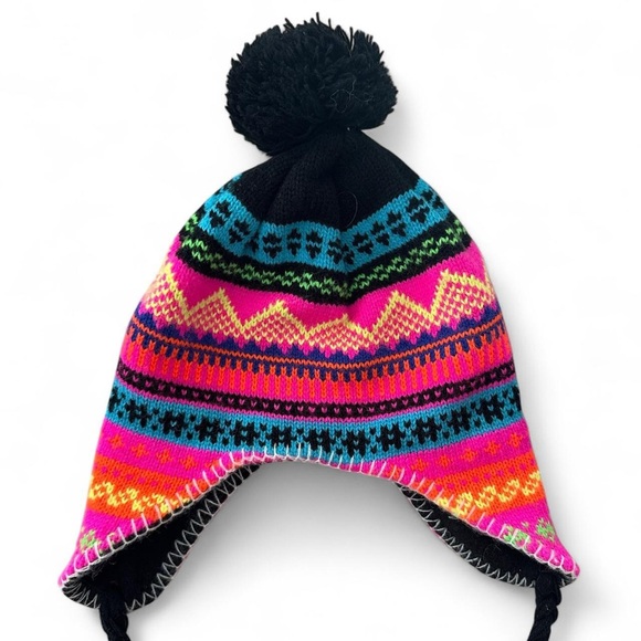 pop Black Pom-Pom Earflap Hat with Bright Pink, Blue, Green and Yellow Pattern - Picture 2 of 8